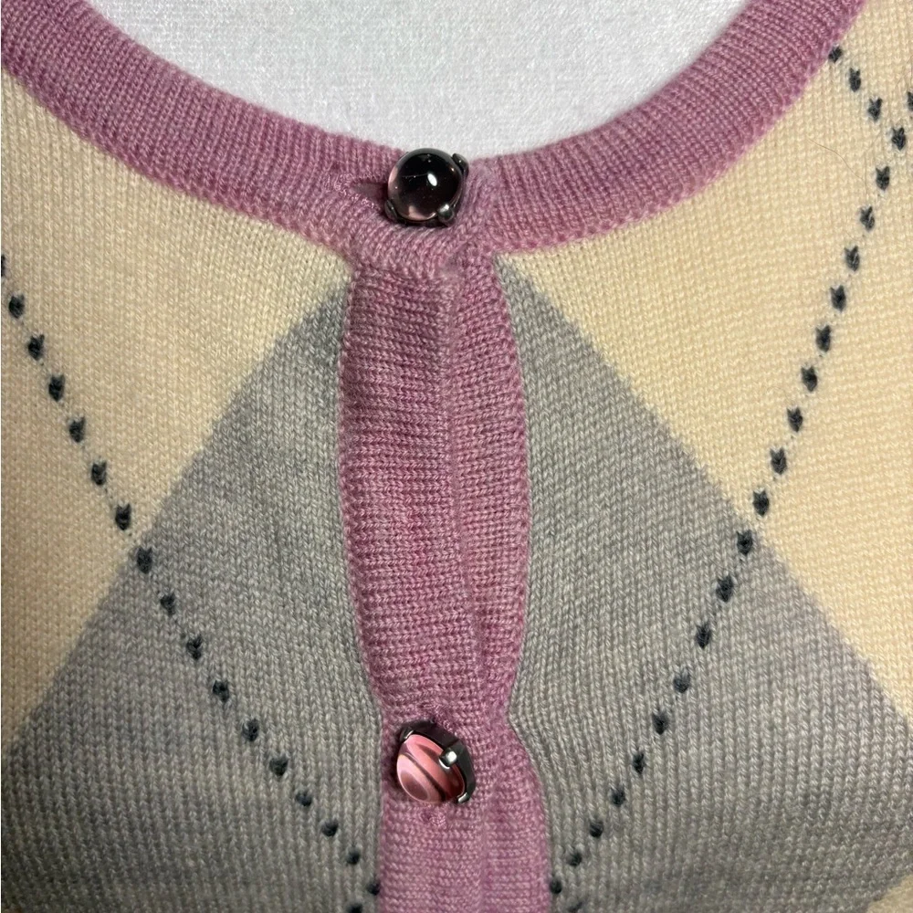 Talbots Argyle Cardigan L 100% Merino Wool Jewel Button Pink Gray Preppy Classic